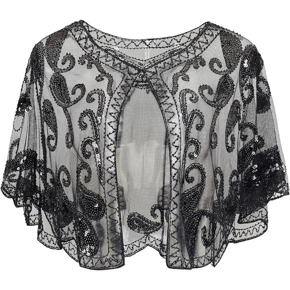 🆕 Women Black Sequin Beaded Evening Cape Bridal Shawl Bolero Flapper Cover Up